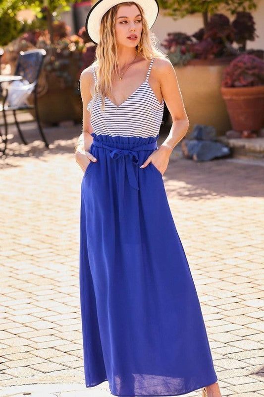 Striped Print Cami Sol Top Hi-waist Skirt Side Pocket Maxi Dress | us.meeeshop