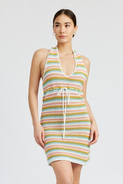 Striped Crochet Mini Dress Wtih Halter Neck - us.meeeshop