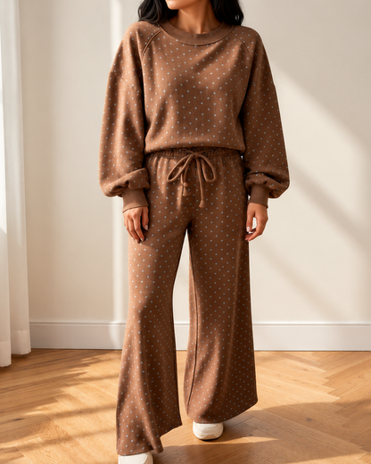 Jane Polka Dot Drawstring Wide Leg Long Sleeve Top Pant Set