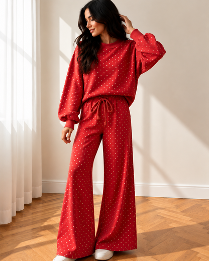 Jane Polka Dot Drawstring Wide Leg Long Sleeve Top Pant Set