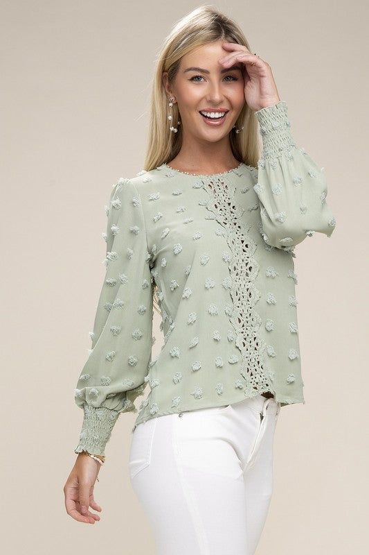 Swiss Dot Contrast Lace Blouse us.meeeshop - 