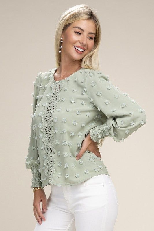 Swiss Dot Contrast Lace Blouse us.meeeshop - 