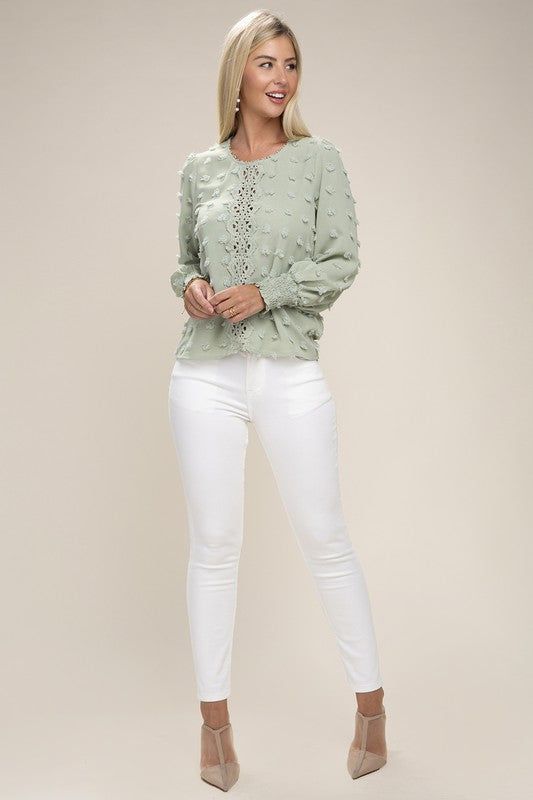 Swiss Dot Contrast Lace Blouse us.meeeshop - 