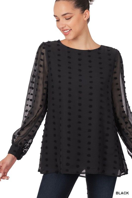 Zenana Swiss Dot Round Neck Blouse - us.meeeshop