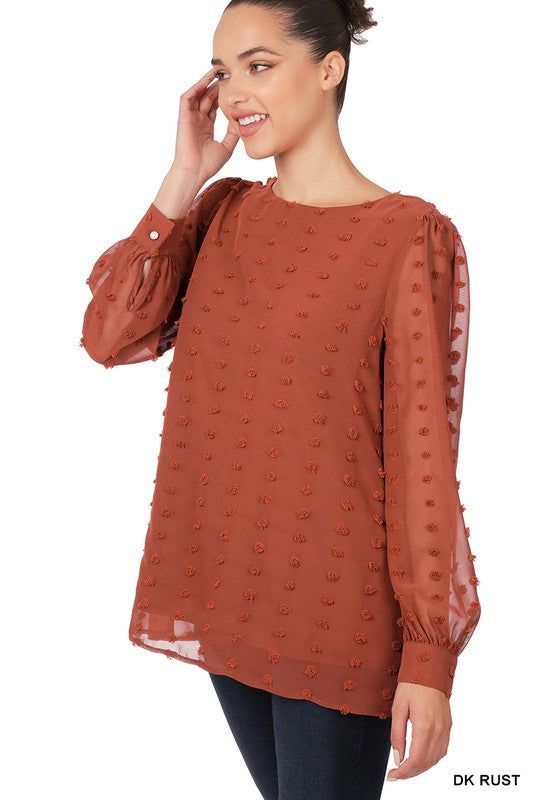 Zenana Swiss Dot Round Neck Blouse - us.meeeshop