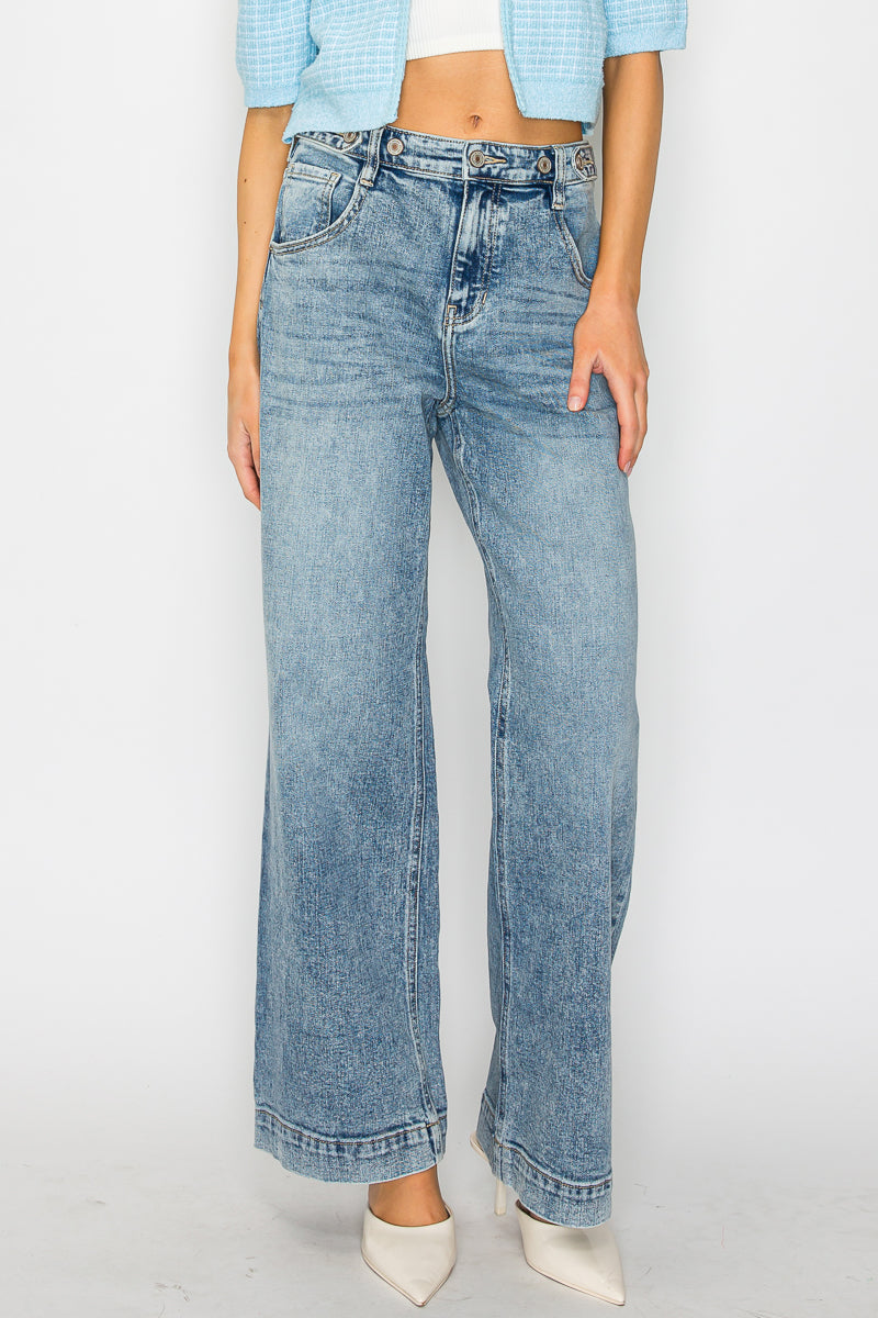 adjustable waistband high Adjustable Waistband High Rise Baggy Wide Jeans view 14 (bottom) - shop at us.meeeshop