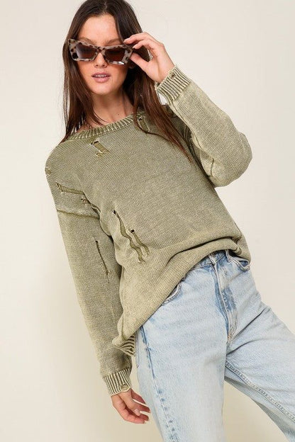 TIMING Mineral Wash Distressed Sweater us.meeeshop - Shirts & Tops