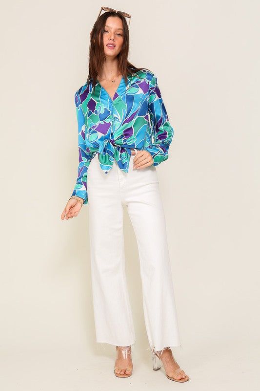 TIMING Retro Print Satin Blouse us.meeeshop - 