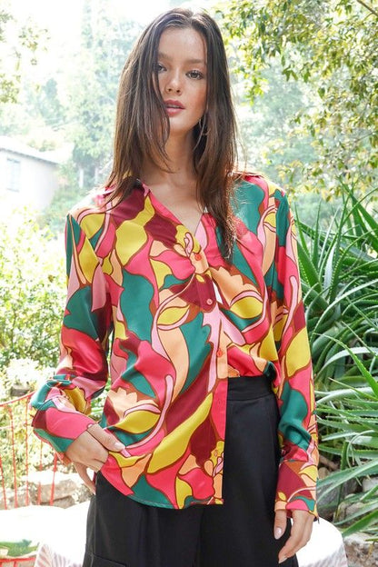 TIMING Retro Print Satin Blouse us.meeeshop - 