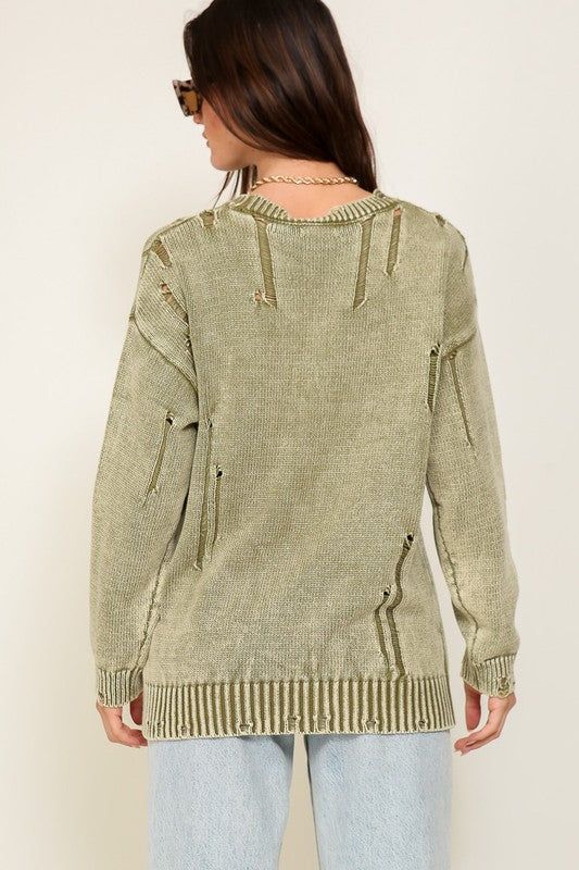 Women's TIMING Mineral Wash Distressed Sweater - us.meeeshop