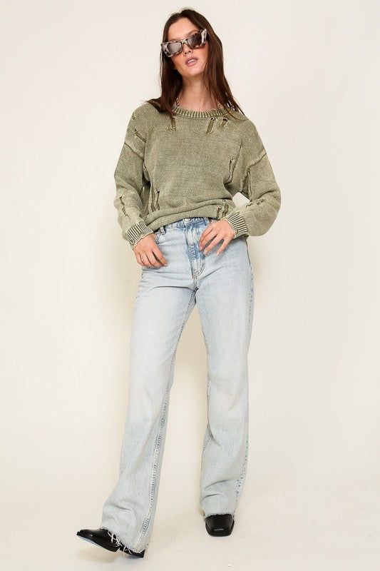 Women's TIMING Mineral Wash Distressed Sweater - us.meeeshop