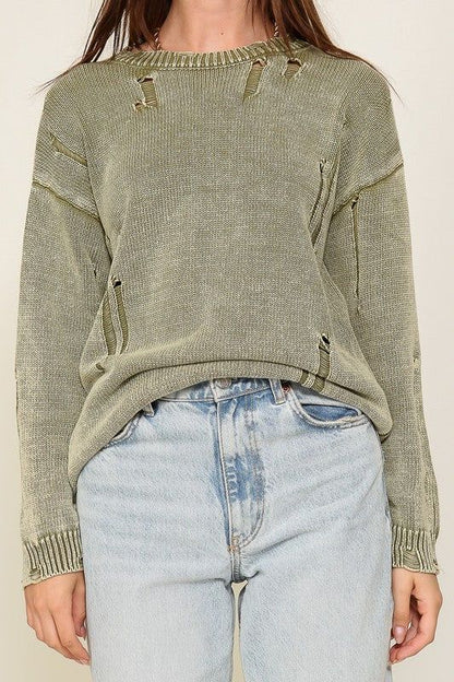 Women's TIMING Mineral Wash Distressed Sweater - us.meeeshop