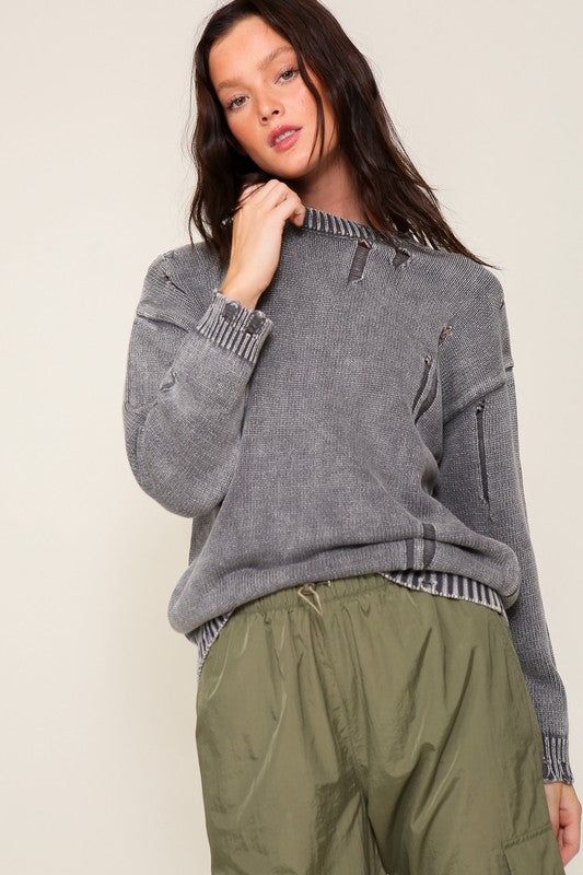 Women's TIMING Mineral Wash Distressed Sweater - us.meeeshop