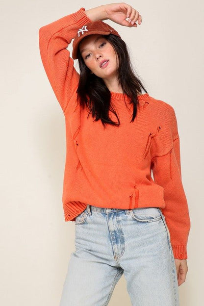 Women's TIMING Mineral Wash Distressed Sweater - us.meeeshop