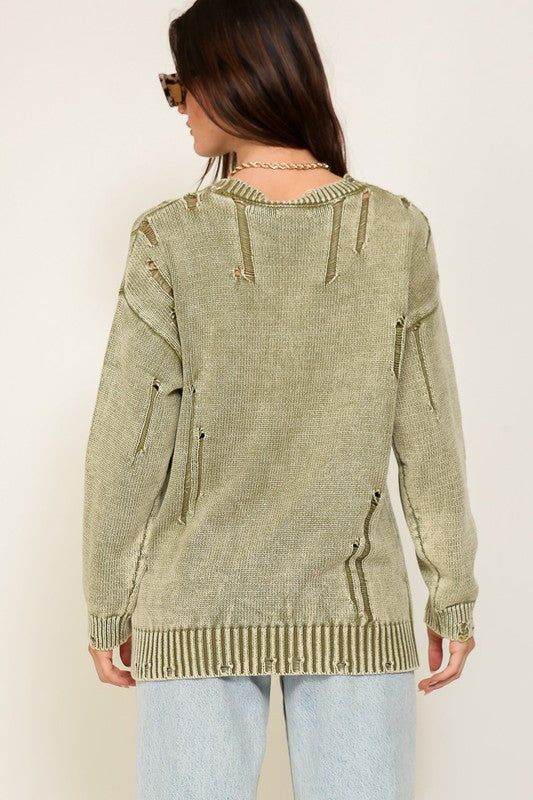 TIMING Mineral Wash Distressed Sweater - us.meeeshop