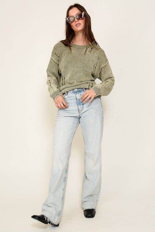 TIMING Mineral Wash Distressed Sweater - us.meeeshop