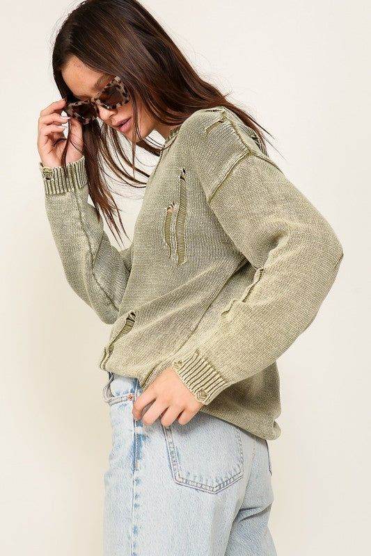 TIMING Mineral Wash Distressed Sweater - us.meeeshop