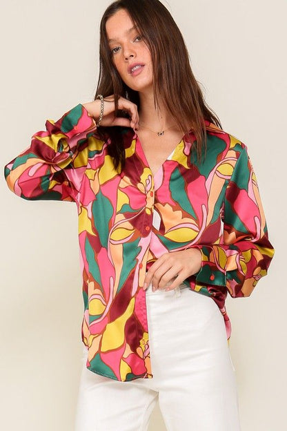 Women's TIMING Retro Print Satin Blouse - us.meeeshop