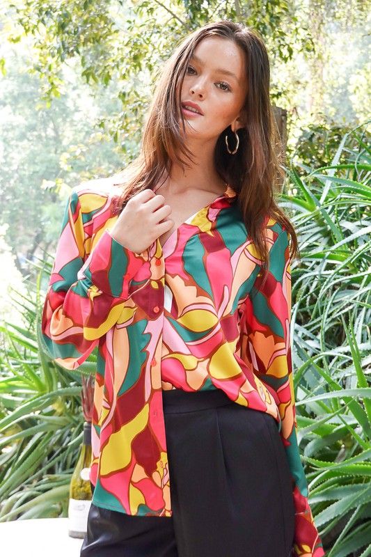 Women's TIMING Retro Print Satin Blouse - us.meeeshop