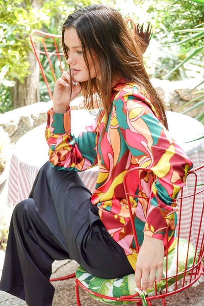 Women's TIMING Retro Print Satin Blouse - us.meeeshop