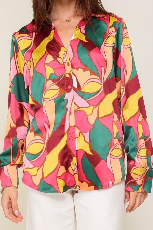 Women's TIMING Retro Print Satin Blouse - us.meeeshop