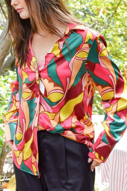 Women's TIMING Retro Print Satin Blouse - us.meeeshop