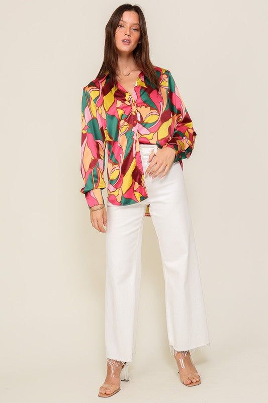 Women's TIMING Retro Print Satin Blouse - us.meeeshop