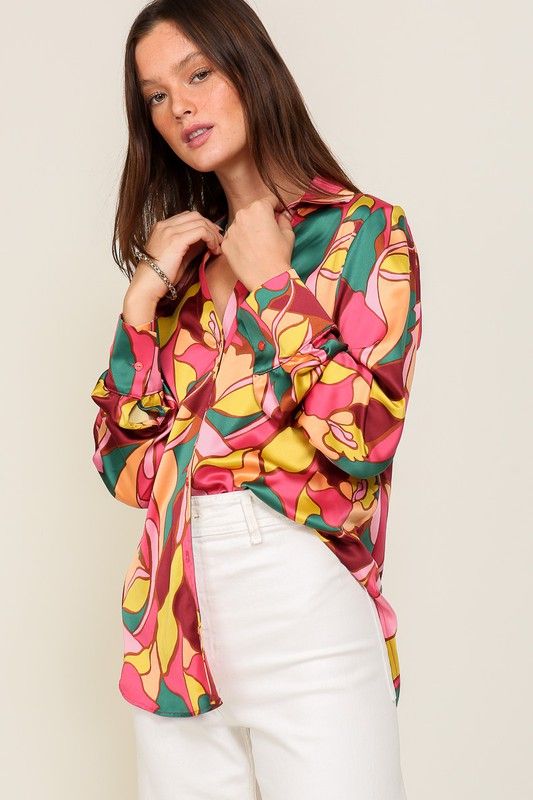 Women's TIMING Retro Print Satin Blouse - us.meeeshop