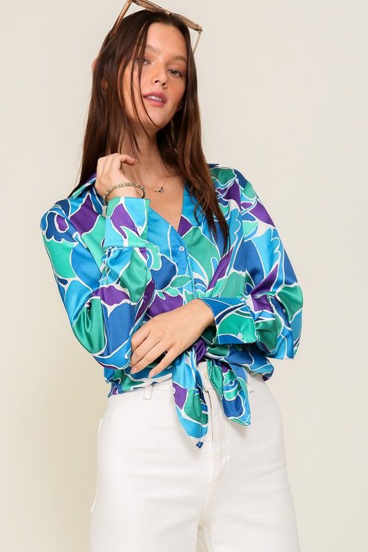 Women's TIMING Retro Print Satin Blouse - us.meeeshop