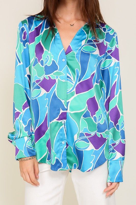 Women's TIMING Retro Print Satin Blouse - us.meeeshop