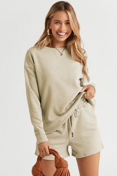 Texture Long Sleeve Top and Drawstring Shorts Set us.meeeshop - 