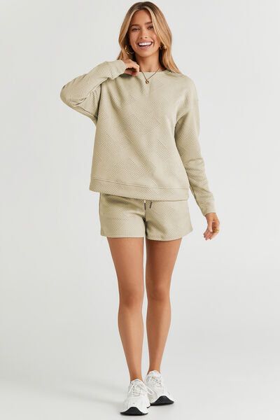 Texture Long Sleeve Top and Drawstring Shorts Set us.meeeshop - 