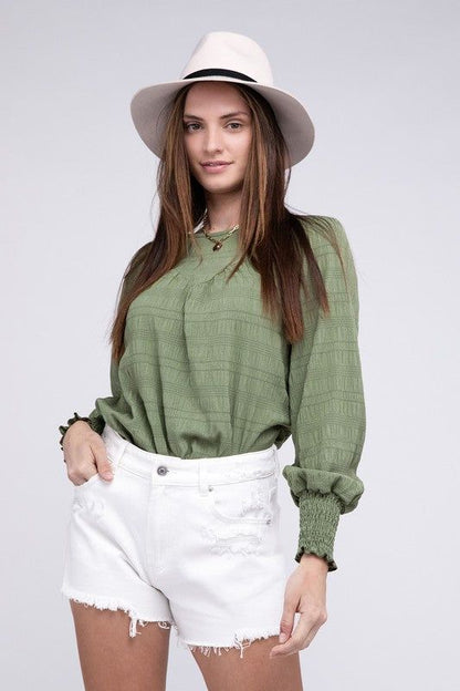 Textured Shirred Yoke Top us.meeeshop - Shirts & Tops