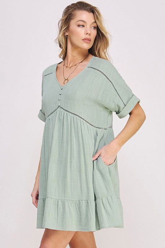 Textured Short Slv Button Down V-Neck Short Dress us.meeeshop - 