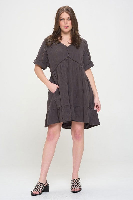 Textured Short Slv Button Down V-Neck Short Dress us.meeeshop - 