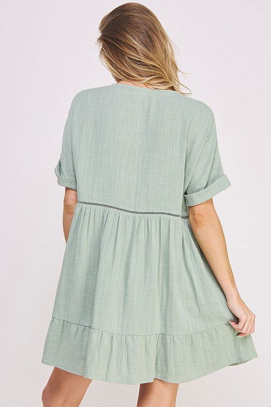 Textured Short Slv Button Down V-Neck Short Dress us.meeeshop - 