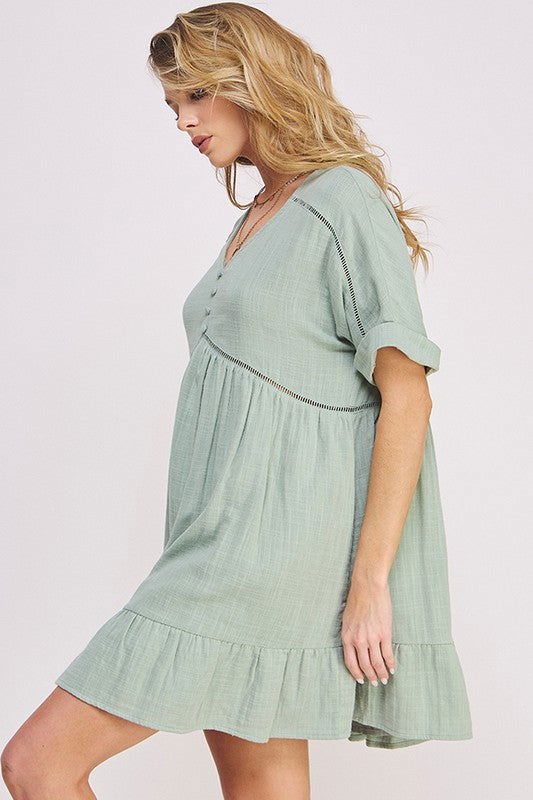 Textured Short Slv Button Down V-Neck Short Dress us.meeeshop - 