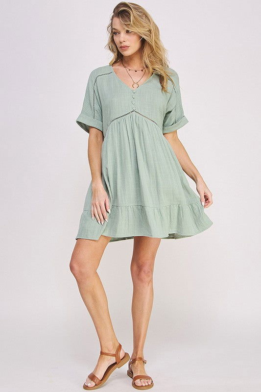 Textured Short Slv Button Down V-Neck Short Dress us.meeeshop - 