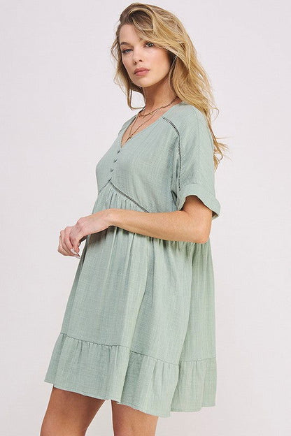 Textured Short Slv Button Down V-Neck Short Dress us.meeeshop - 