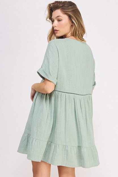 Textured Short Slv Button Down V-Neck Short Dress us.meeeshop - 