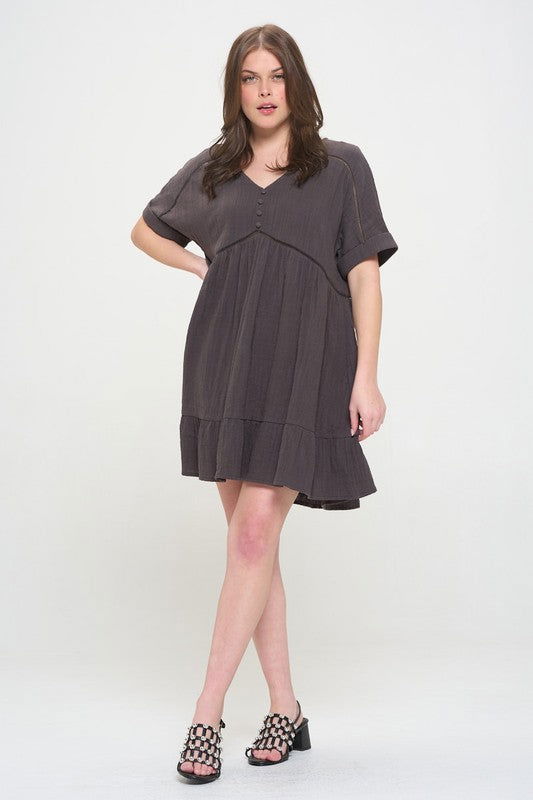 Textured Short Slv Button Down V-Neck Short Dress us.meeeshop - 