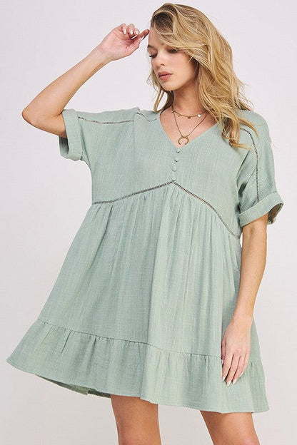 Textured Short Slv Button Down V-Neck Short Dress us.meeeshop - Dresses