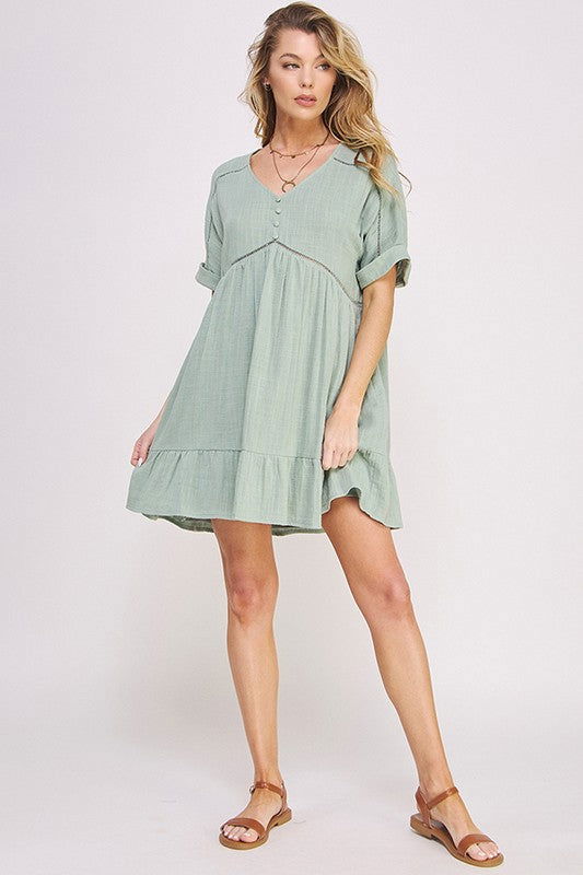 Textured Short Slv Button Down V-Neck Short Dress us.meeeshop - 