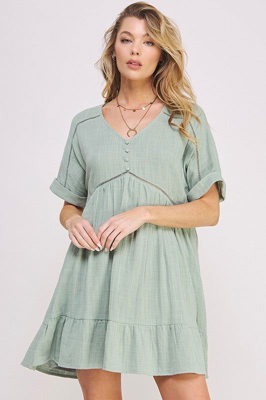 Textured Short Slv Button Down V-Neck Short Dress us.meeeshop - 