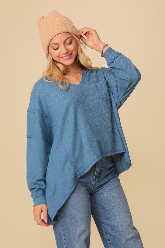 Thermal High Low V-Neck Oversized Top us.meeeshop - 