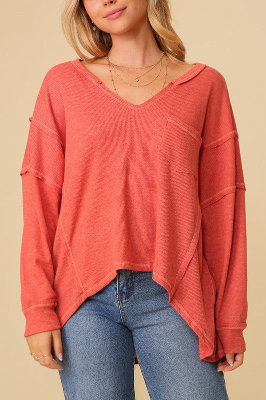 Thermal High Low V-Neck Oversized Top us.meeeshop - 