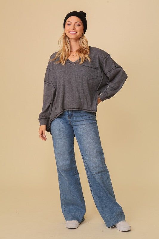 Thermal High Low V-Neck Oversized Top us.meeeshop - 