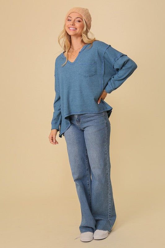 Thermal High Low V-Neck Oversized Top us.meeeshop - 