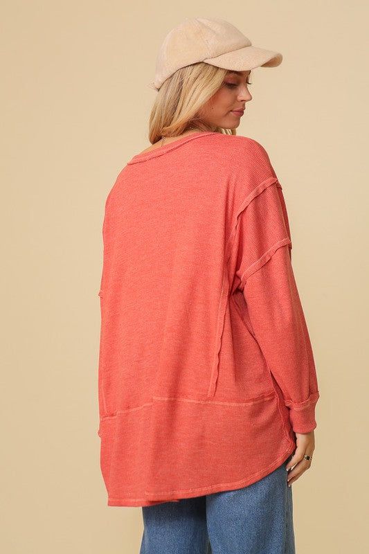 Thermal High Low V-Neck Oversized Top us.meeeshop - 