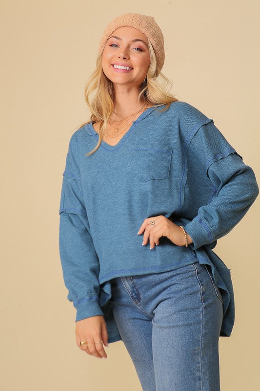 Thermal High Low V-Neck Oversized Top | us.meeeshop